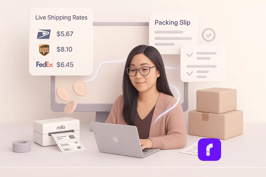 A 3D digital illustration in soft pastels showing an Asian woman using Rollo Ship to streamline her shipping process. She sits at a desk with a laptop, viewing live shipping rates from USPS, UPS, and FedEx, while a packing slip and progress indicators float above her. A Rollo wireless printer is printing a label, and coins symbolizing savings are gently floating around the screen. The scene conveys an efficient, stress-free shipping workflow.