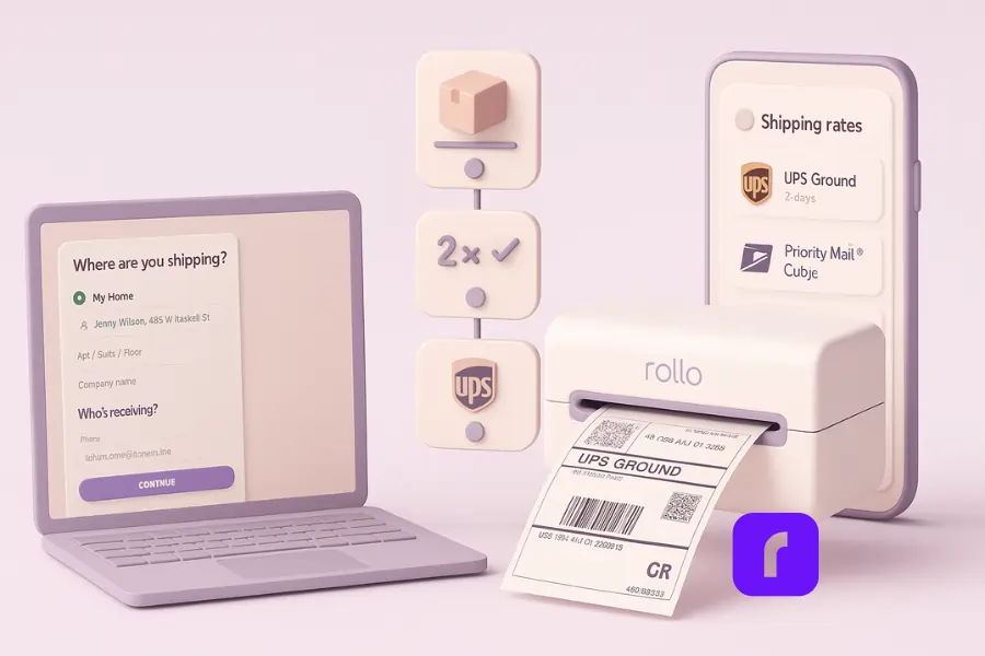 A minimalist 3D illustration showing a laptop entering shipping details, a smartphone displaying discounted shipping rates in Rollo Ship, and a Rollo Wireless Label Printer printing a UPS shipping label online, symbolizing fast online label creation.