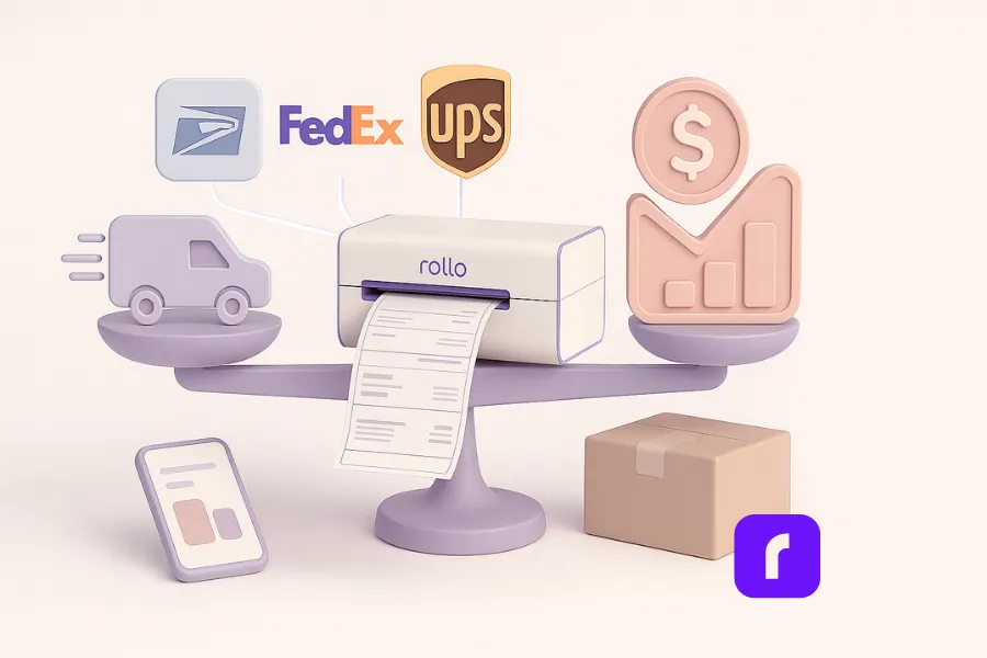 Minimalist 3D illustration of a Rollo Wireless Printer balancing speed and cost savings on a stylized pastel scale. The left side features a lavender delivery truck symbolizing speed, while the right side shows a blush pink dollar sign and downward graph representing savings. USPS, FedEx, and UPS logos hover above the printer, connected by glowing lines to suggest optimized carrier selection. A smartphone, parcel, and shipping label add context to the clean, modern workspace rendered in soft pastel tones of white, lavender, and taupe.
