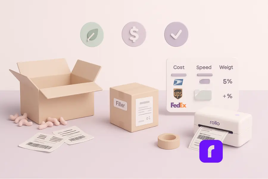3D minimalist illustration titled “Smart Packaging and Labeling: Small Changes, Big Savings.” The scene shows two contrasting shipping setups. On the left, an oversized half-empty box with scattered filler and messy inkjet labels represents waste and inefficiency. On the right, a compact, right-sized box with a crisp thermal label printed from a Rollo Wireless Printer sits neatly beside tape and organized packing materials. Floating icons — a leaf for sustainability, a dollar sign for savings, and a checkmark for efficiency — highlight key benefits. Rendered in soft pastel tones of lavender, blush pink, and white.