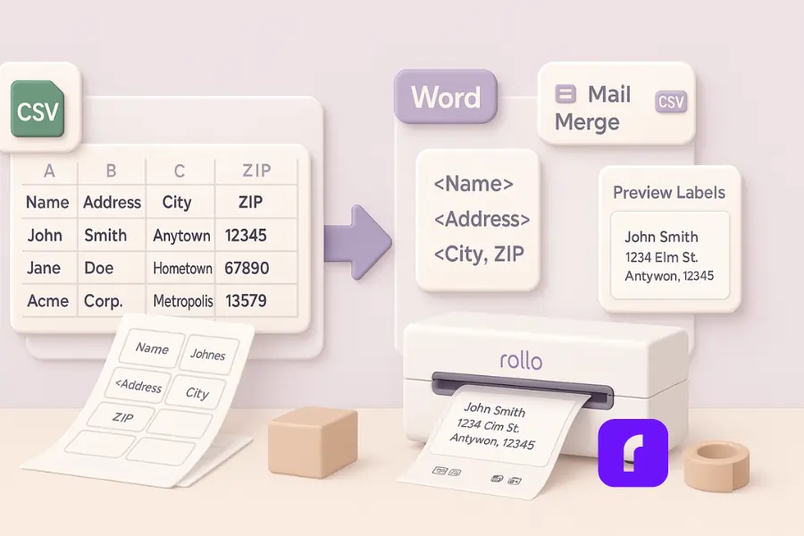 Minimalist 3D illustration of Excel to Word Mail Merge workflow, showing a clean spreadsheet feeding into Word label templates, preview labels, and a Rollo Wireless Printer producing a crisp 4×6 shipping label, with Mail Merge, CSV, and Avery icons in soft pastel colors.