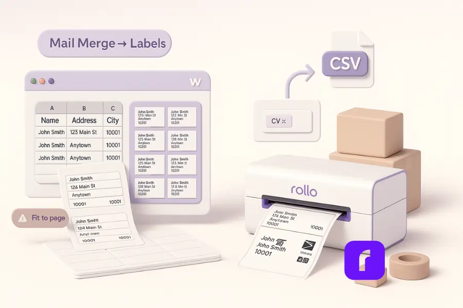 Minimalist 3D illustration comparing bulk label printing with Mail Merge vs. Rollo Ship automation, showing an Excel sheet feeding into Microsoft Word label previews on the left, contrasted with a streamlined CSV file flowing directly into a Rollo Wireless Printer producing crisp 4×6 shipping labels, with boxes, tape, and USPS/UPS icons for context in soft pastel colors.