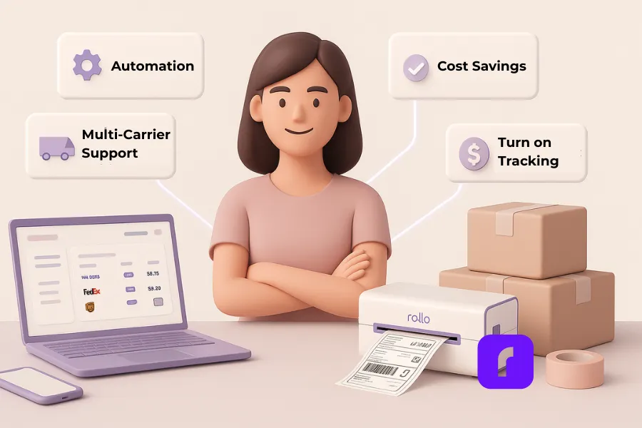 A minimalist 3D illustration of a small business owner standing confidently with folded arms in a soft pastel workspace. A Rollo wireless label printer prints a shipping label beside stacked parcels, a lavender laptop displays carrier rates for FedEx and UPS, and floating icons highlight features like Automation, Multi-Carrier Support, Cost Savings, and Turn on Tracking. The scene conveys efficient, organized shipping powered by Rollo Ship.