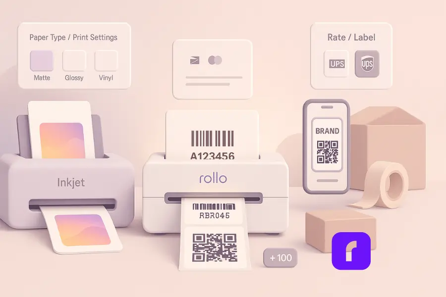 Minimalist 3D illustration showing side-by-side comparison of inkjet, laser, and Rollo wireless thermal printers for sticker printing. Inkjet prints a colorful photo sticker, laser prints a sharp barcode label, and the Rollo in the center prints branded QR code stickers with a glowing highlight and a batch counter for bulk speed. Floating UI panels display paper type options, USPS/UPS rate icons, and a phone screen preview, with small boxes and tape symbolizing order fulfillment. Soft pastel palette with clean geometric shapes and rounded edges.