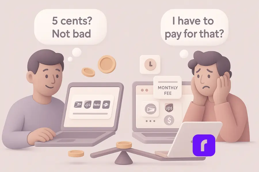 A pastel 3D illustration comparing two online sellers using different shipping tools. On the left, a happy seller views a laptop showing multiple carriers like USPS, UPS, FedEx, Purolator, and Canada Post with a thought bubble saying “5 cents? Not bad,” representing the benefits of pay-per-label shipping apps. On the right, a frustrated seller faces a subscription-based dashboard with “Monthly Fee” icons and fewer carrier options, symbolizing higher recurring costs.
