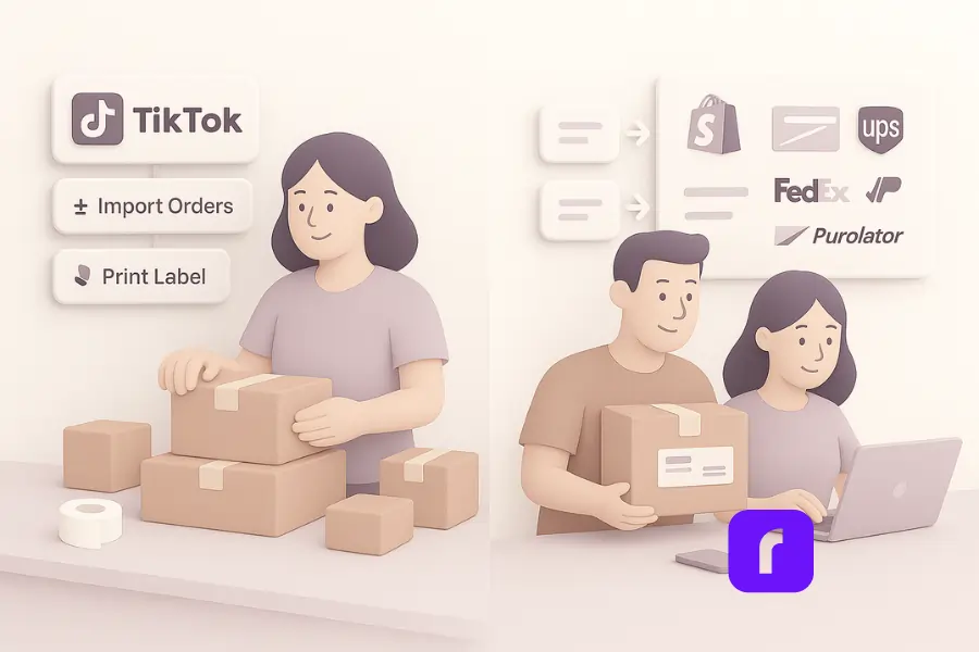 A 3D pastel illustration showing two e-commerce sellers using pay-per-label shipping apps. On the left, a TikTok Shop creator packages boxes beside floating UI panels labeled “Import Orders” and “Print Label.” On the right, a Shopify team manages shipments with connected panels showing carrier logos—USPS, UPS, FedEx, and Purolator. The soft lighting, rounded shapes, and minimalist desk setup create a calm, professional e-commerce workspace.