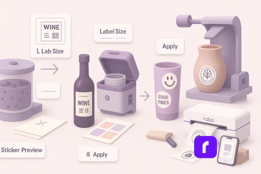 Minimalist 3D illustration showing behind-the-scenes product creation paired with sticker branding in soft pastel colors. The layout is split into three staggered panels: on the left, a grape vat with an arrow leading to a wine bottle receiving a custom label with QR code; in the center, a tumbler inside a heat press with an arrow pointing to a finished tumbler decorated with playful stickers like a smiley and “Good Vibes”; on the right, a wood lathe shaping a vase with an arrow pointing to the finished piece featuring a rustic logo sticker. Floating UI chips read “Sticker Preview,” “Label Size,” and “Apply.” A Rollo Wireless Printer outputs a short strip of peel-ready branded stickers, with props including a label roll, phone screen displaying the Rollo Label Designer, shipping boxes, and packing tape. Rendered in pastel whites, lavender, blush pink, and taupe with smooth rounded shapes and clean shadows.