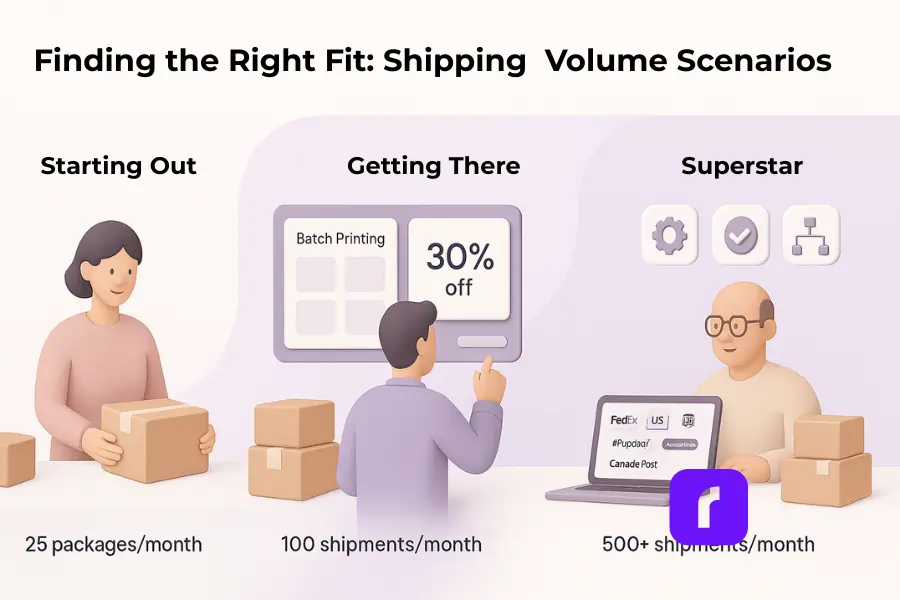 A minimalist 3D illustration titled “Finding the Right Fit: Shipping Volume Scenarios.” It shows three stages of online sellers: “Starting Out” with a small business owner handling 25 packages per month; “Getting There” with a mid-sized seller managing 100 shipments per month using a digital dashboard showing batch printing and 30% off rates; and “Superstar” with a high-volume seller handling 500+ shipments per month using automation tools and a laptop showing multiple carriers like FedEx, USPS, and Canada Post. The design uses soft pastel tones of lavender, blush pink, and taupe with clean, rounded shapes and ample negative space.