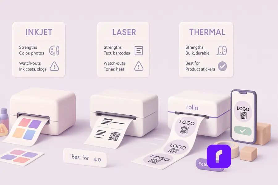 Minimalist 3D illustration comparing Inkjet, Laser, and Thermal printers for sticker printing. On the left, an inkjet printer outputs colorful gradient sticker sheets with floating UI card showing “Strengths: Color, photos” and “Watch-outs: Ink costs, clogs.” In the center, a laser printer prints crisp text and barcode labels, with UI card reading “Strengths: Text, barcodes” and “Watch-outs: Toner, heat.” On the right, a Rollo thermal printer is highlighted with a gentle glow, printing a bulk roll of branded stickers with logos and QR codes. Its UI card shows “Strengths: Bulk, durable” and “Best for: Product stickers,” accompanied by a “Scale Ready” badge. Additional props include a phone screen previewing a sticker design, packing tape, and small boxes, all rendered in soft pastel tones of lavender, blush pink, taupe, and white.