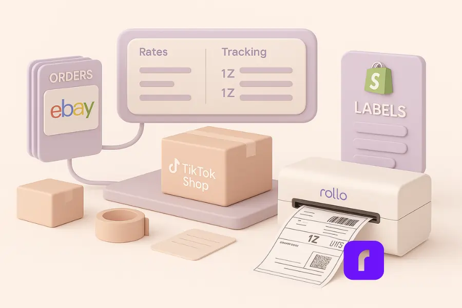 A pastel 3D illustration showing a streamlined e-commerce setup with eBay orders, a TikTok Shop package, and Shopify labels all flowing into a central dashboard beside a Rollo Wireless Printer printing a label — visually representing how small businesses use pay-per-label shipping apps to manage multiple stores efficiently.