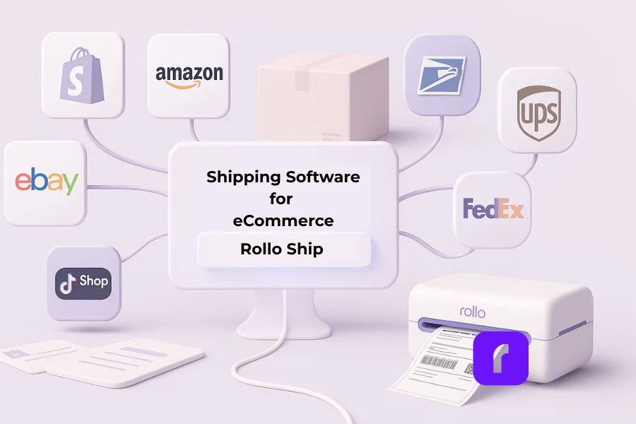 3D illustration showing integrations from Shopify, Amazon, eBay, TikTok Shop, USPS, UPS, and FedEx connecting to a central shipping dashboard labeled shipping software for ecommerce with a Rollo printer producing a label — representing how leading shipping platforms connect stores and carriers seamlessly.