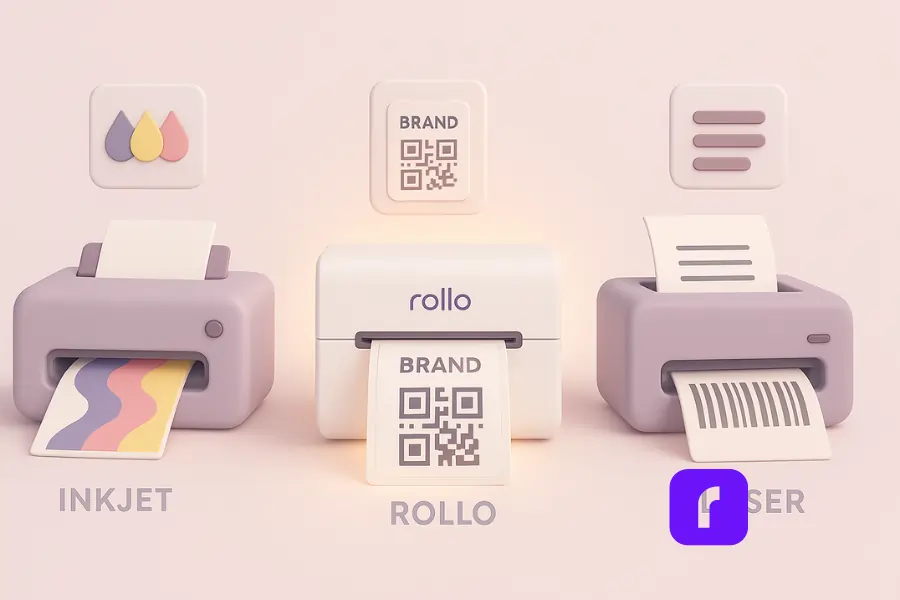 Minimalist 3D illustration comparing inkjet, laser, and Rollo wireless thermal printers as the best printer for printing stickers. The inkjet prints colorful sheets, the laser outputs barcodes, and the Rollo in the center glows while printing branded QR code stickers, highlighted as the best choice. Soft pastel colors with clean, rounded design.