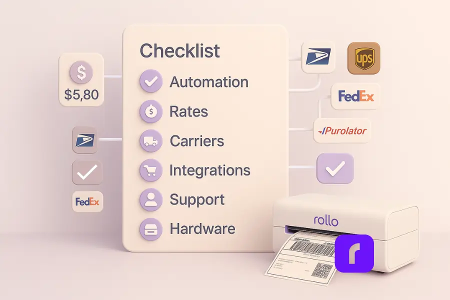 A minimalist 3D illustration featuring a pastel-toned digital checklist titled “Checklist,” displaying six criteria—Automation, Rates, Carriers, Integrations, Support, and Hardware—each marked with glowing purple checkmarks. Connected icons for USPS, UPS, FedEx, and Purolator appear around the checklist, symbolizing carrier integration. In the lower right corner, a sleek Rollo Wireless Printer prints a shipping label, visually tying the concept to smart, pay-per-label shipping app efficiency.