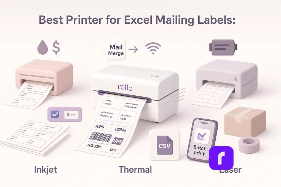Minimalist 3D illustration comparing the best printer for Excel mailing labels: Rollo thermal printer printing crisp 4×6 shipping labels in the center, contrasted with an inkjet printer on the left showing smudged sheet labels, and a laser printer on the right with toner icon and sheet layout, all in soft pastel colors with CSV, Wi-Fi, and USPS/UPS icons.