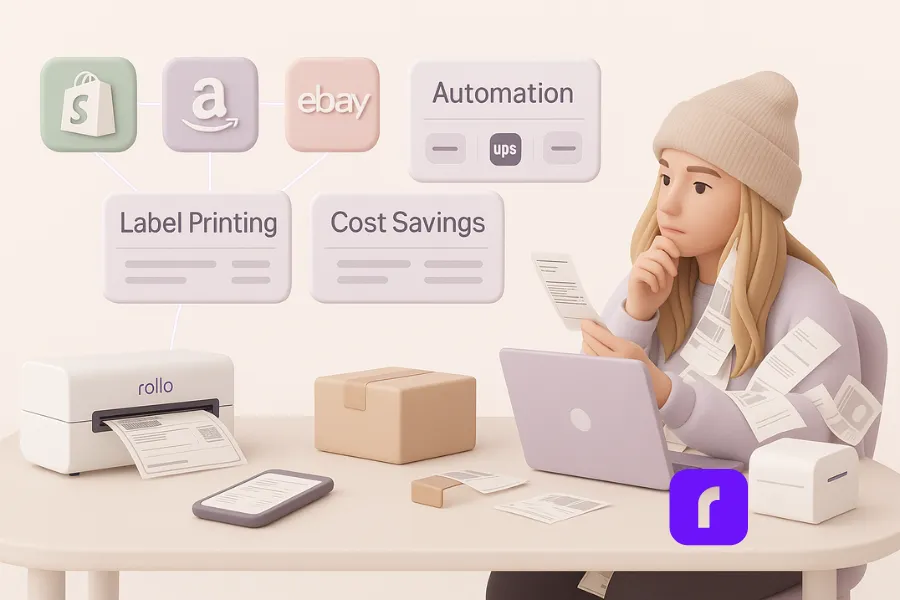 Minimalist 3D illustration of a female online seller surrounded by printed shipping labels while evaluating shipping software options on her laptop. Floating icons for Shopify, Amazon, eBay, and TikTok connect to panels labeled “Automation,” “Label Printing,” and “Cost Savings.” A Rollo Wireless Printer prints a shipping label on the desk beside a phone and small parcel, all rendered in soft pastel tones of lavender, blush pink, and taupe with smooth matte textures.