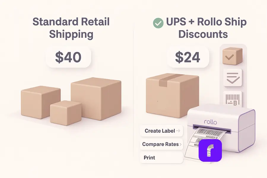 Side-by-side visual comparing expensive standard retail shipping at $40 to discounted UPS shipping with Rollo Ship at $24, featuring packages, workflow icons, and a Rollo Wireless Label Printer.