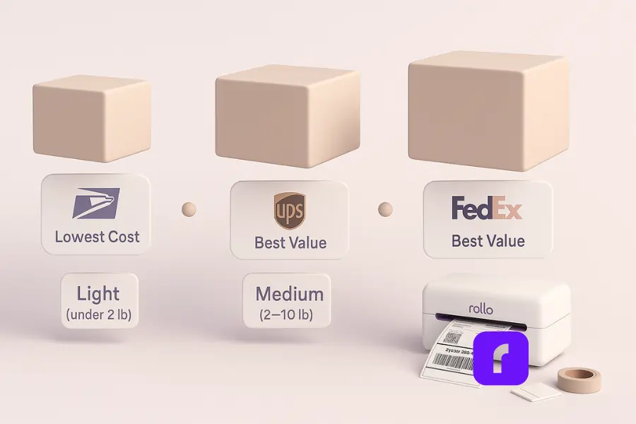 3D minimalist illustration visualizing the cheapest shipping by weight. Three floating boxes labeled “Light (under 2 lb),” “Medium (2–10 lb),” and “Large (10+ lb)” progress from left to right, each connected to carrier panels—USPS marked “Lowest Cost,” UPS and FedEx labeled “Best Value.” A Rollo Wireless Printer prints a label beside rolls of tape and packaging materials, representing efficient e-commerce shipping choices. Rendered in soft pastel tones of lavender, blush pink, and white.