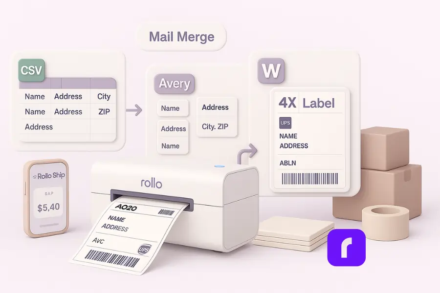 Minimalist 3D illustration of a smart mailing label workflow showing an Excel spreadsheet flowing into a Word Avery template and printing a 4×6 shipping label on a Rollo Wireless Printer, with Rollo Ship app, packing boxes, and tape in soft pastel colors.