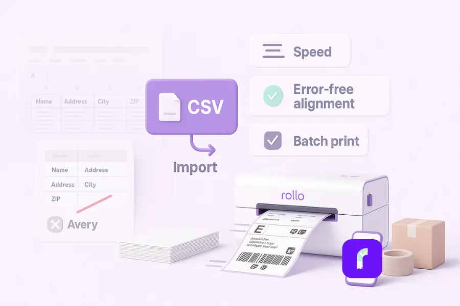 Minimalist 3D illustration showing the upgrade from Word/Avery templates to direct CSV import with Rollo Ship, highlighting a faded Avery template on the left and a bold CSV import flowing into a Rollo Wireless Printer producing crisp 4×6 thermal shipping labels on the right, with icons for speed, error-free alignment, and batch printing in soft pastel colors.