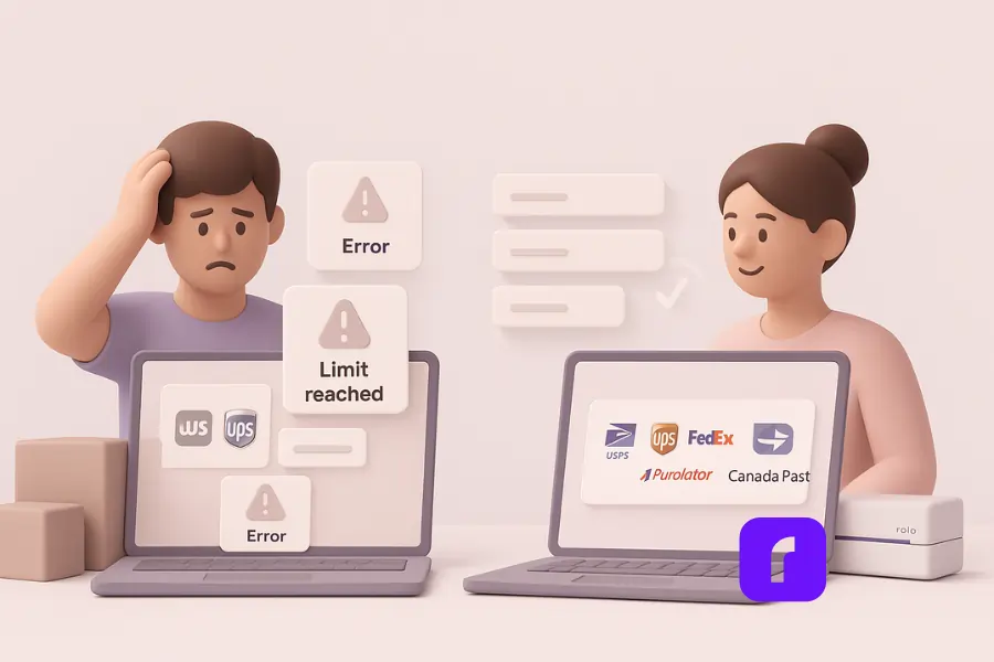 A pastel 3D illustration comparing two e-commerce sellers using different shipping tools. The left side shows a frustrated seller facing “error” and “limit reached” messages with only USPS and UPS icons, while the right side shows a calm seller using a clean dashboard connected to multiple carriers like FedEx, Purolator, and Canada Post — symbolizing how pay-per-label shipping apps enable flexibility and efficiency as businesses scale.
