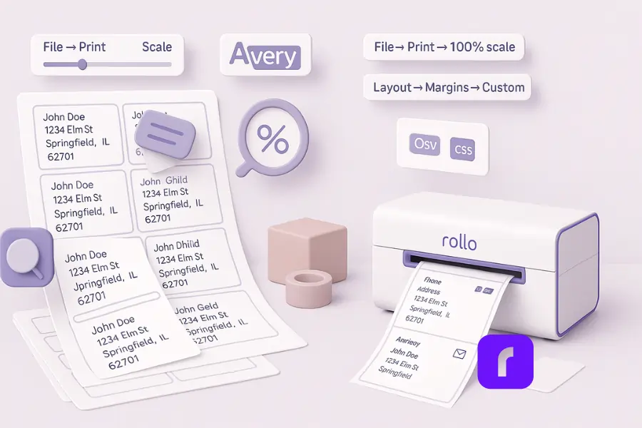 Minimalist 3D illustration of fixing misaligned mailing labels from Excel, showing shifted text on a label sheet with floating culprit icons like printer scale at 90%, Avery template mismatch, and hidden spacing, alongside a corrected aligned sheet and a Rollo Wireless Printer producing a crisp 4×6 shipping label in soft pastel colors.