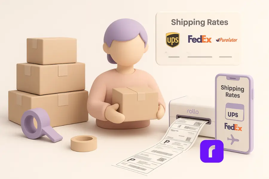 Minimalist pastel 3D illustration of a home-based online seller preparing multiple shipments, surrounded by neatly stacked boxes, a strip of printed labels, and a Rollo Wireless Printer. Floating shipping rate panels and a phone screen showing courier options highlight how smart tools help save money and keep the at-home shipping station organized.