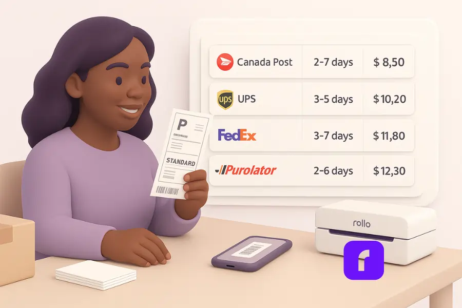 3D illustration of a woman online seller comparing shipping rates on a floating dashboard while holding a printed label at her workspace. The scene includes Canada Post, UPS, FedEx, and Purolator options, with a Rollo Wireless Printer and packing materials on the desk.