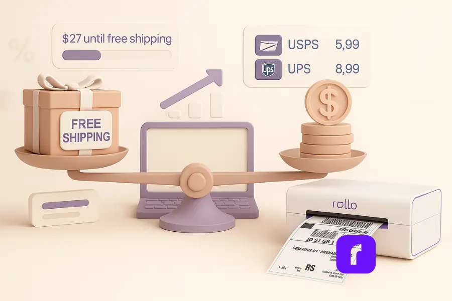 A minimalist 3D illustration showing a balance scale with a gift box labeled “Free Shipping” on one side and stacked coins on the other, symbolizing profit margins. Floating UI panels display shipping rates and a progress bar reading “$27 until free shipping.” A sleek Rollo Wireless Printer prints a shipping label beside a pastel laptop, representing the balance between offering free shipping and maintaining profit during Black Friday.
