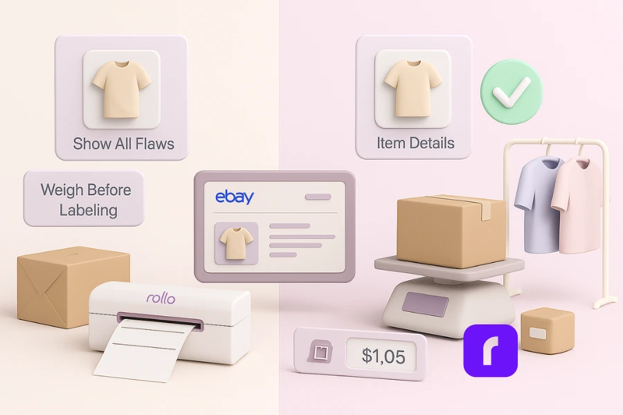 A minimalist 3D illustration showing a split-screen comparison of eBay selling practices. On the left, a crooked box and the reminder “Show All Flaws” represent common mistakes, while on the right, a well-packed box sits on a scale beside neat clothing and a glowing checkmark, symbolizing accuracy and best practices. Floating panels display tips like “Weigh Before Labeling” and “Item Details,” with a Rollo Wireless Printer printing a clean label below. The soft pastel palette of lavender, blush pink, taupe, and white conveys clarity and professionalism.