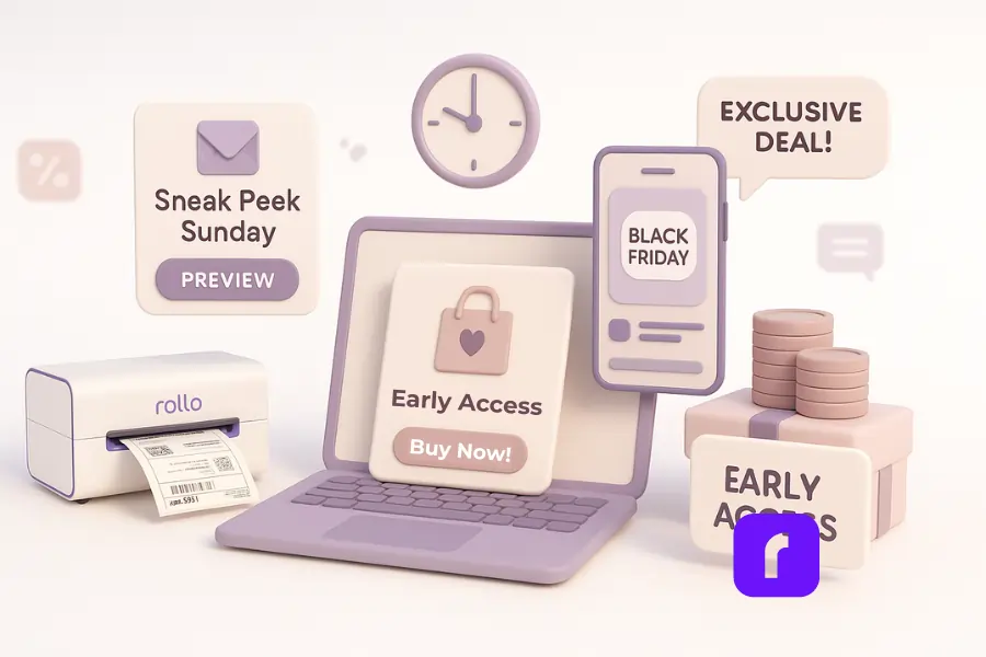 A minimalist 3D illustration in soft pastel tones showing a laptop with “Early Access – Buy Now!” on the screen, a smartphone displaying “Black Friday,” and floating panels for “Sneak Peek Sunday” and “Exclusive Deal!” A Rollo Wireless Printer prints a shipping label nearby, symbolizing multi-channel marketing and fulfillment working together to build anticipation before Black Friday.