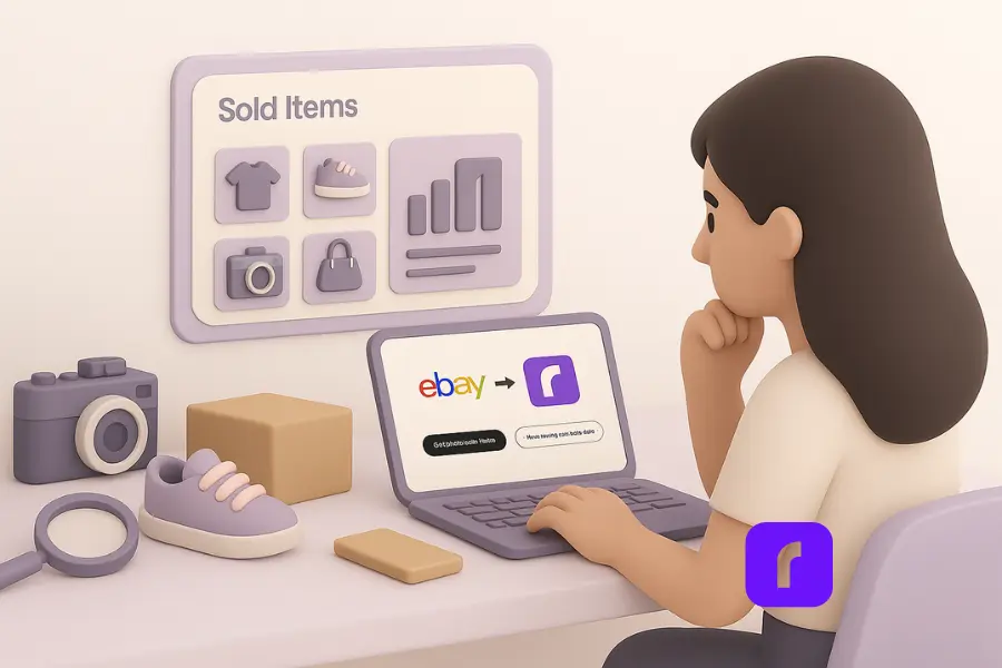 A minimalist 3D illustration of a woman analyzing eBay sales data on her laptop in a soft pastel workspace. The laptop screen shows the eBay and Rollo integration interface, symbolizing connected shipping tools. A floating “Sold Items” dashboard displays product icons and graphs, while nearby props like a sneaker, camera, magnifying glass, and brown shipping box represent how to sell on ebay with different eBay product categories.