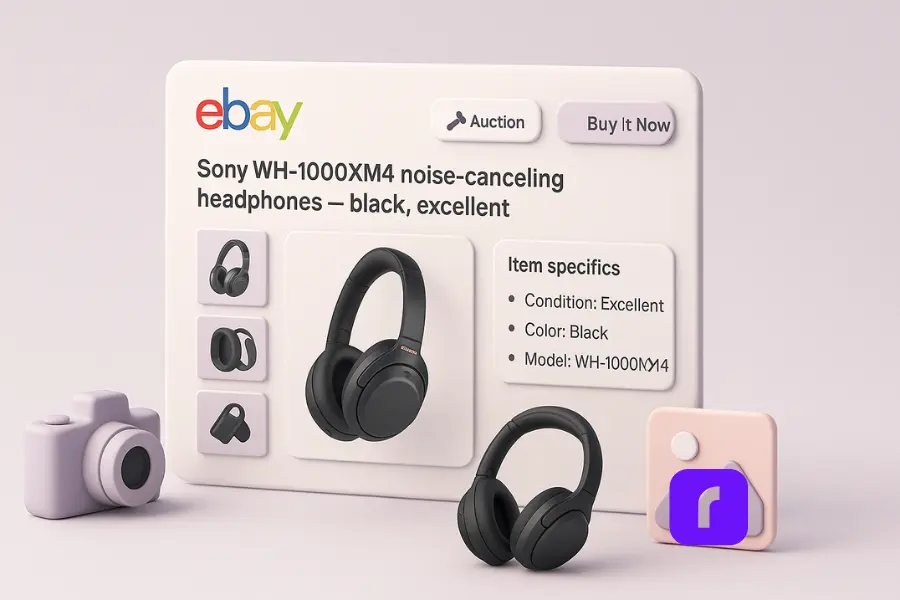 A minimalist 3D illustration of an eBay product listing for Sony WH-1000XM4 noise-canceling headphones. The floating interface features the eBay logo, product title, thumbnail images, and item details like color and condition. “Auction” and “Buy It Now” buttons appear at the top, symbolizing listing options. Soft pastel tones of lavender, blush pink, and white create a clean, modern workspace with a small camera and headphones adding visual depth. 
