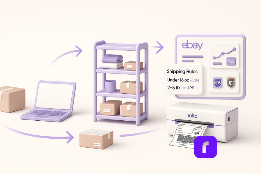 A minimalist 3D illustration depicting the journey from a casual eBay seller to a thriving online business. On the left, a single package and laptop represent a beginner seller. In the middle, shelves with organized boxes and supplies symbolize growing operations. On the right, a digital eBay analytics dashboard with charts, UPS and USPS icons, and a Rollo Wireless Printer printing a shipping label represent professional automation and business growth. Soft pastel tones of lavender, blush pink, and taupe convey progress and efficiency.
