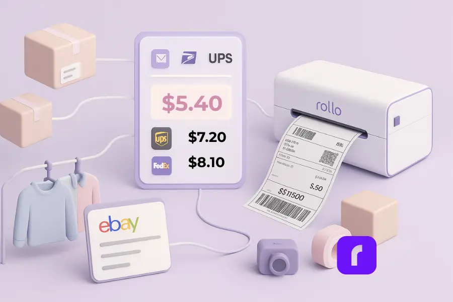 A minimalist 3D illustration showing stress-free how to sell on ebay with shipping automation. The scene features floating packages connected to a glowing rate comparison panel displaying USPS, UPS, and FedEx prices, with the USPS rate highlighted. A Rollo Wireless Printer prints a 4x6 shipping label, linked to an eBay order dashboard below. Soft pastel colors—lavender, blush pink, white, and taupe—create a calm, organized atmosphere representing effortless order syncing and label automation.