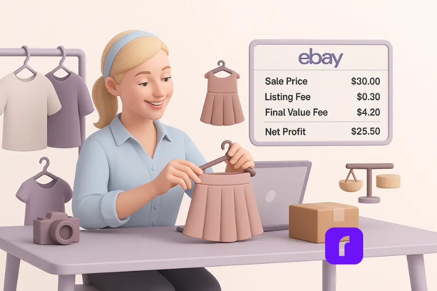 A minimalist 3D illustration of a cheerful blonde woman with a blue headband and light blue shirt, sitting at a lavender desk and preparing a pink skirt for sale. A floating eBay pricing dashboard beside her shows “Sale Price $30.00,” “Listing Fee $0.30,” “Final Value Fee $4.20,” and “Net Profit $25.50.” Nearby are a clothing rack with pastel shirts, a shipping box, balance scale, and camera—symbolizing eBay selling and understanding fees. 