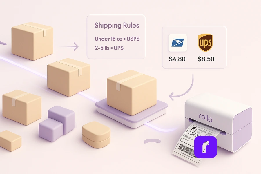 A minimalist 3D illustration depicting consistent, fast, and affordable eBay shipping. Several pastel-colored boxes glide along a glowing lavender conveyor line toward USPS and UPS icons showing rates ($4.80 and $8.50). A floating panel labeled “Shipping Rules” displays “Under 16 oz = USPS” and “2–5 lb = UPS.” On the right, a Rollo Wireless Printer prints a clean 4x6 label, symbolizing automation and efficiency. The soft lavender, blush pink, and taupe tones evoke calm speed and reliability.