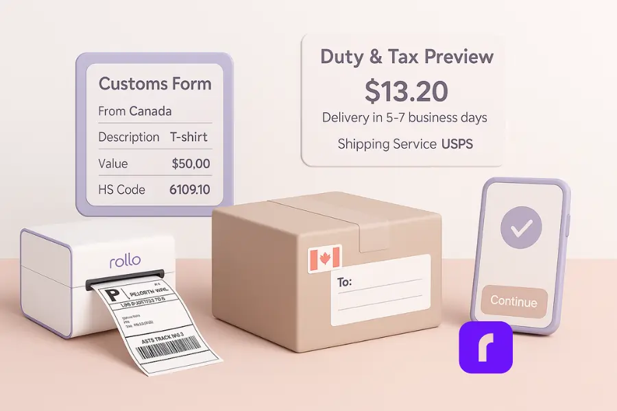 A minimalist 3D illustration of a Canadian small business preparing a cross-border shipment. A Rollo Wireless Printer prints a 4×6 shipping label beside a package with a Canadian flag sticker. Floating panels display a simplified customs form and a duty and tax preview, all in soft pastel colors with rounded geometric shapes.