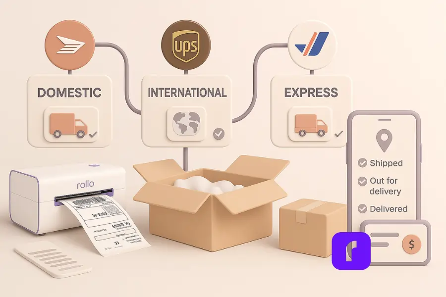 Minimalist pastel 3D illustration showcasing Canada shipping and delivery services, featuring domestic, international, and express shipment options with Canada Post, UPS, and Purolator icons. A Rollo Wireless Printer prints a label beside packing materials, boxes, and a phone displaying real-time tracking updates.