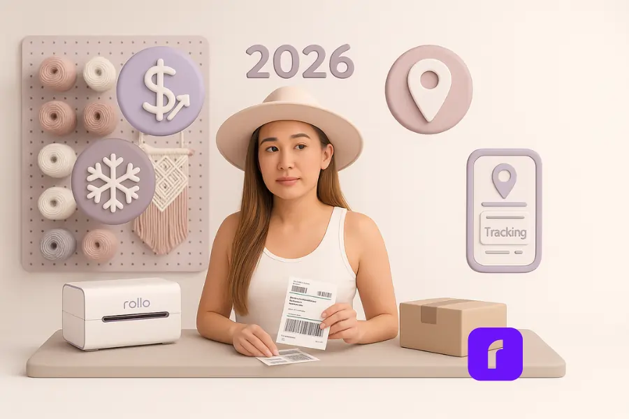 Minimalist pastel 3D illustration of a Canadian small business owner, modeled after a female craft seller, sitting at a packing table with shipping labels and a Rollo Wireless Printer. Behind her is a macrame-inspired pegboard wall similar to her real studio setup. Floating icons symbolize 2026 shipping challenges: rising costs, rural delivery, winter weather delays, and cross-border rules. A package and a simple tracking UI panel complete the scene.