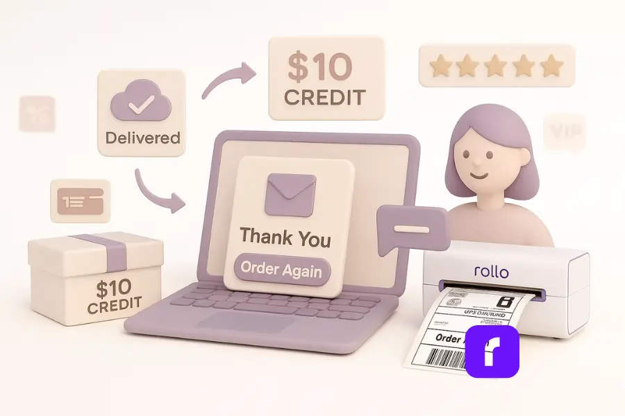 A minimalist 3D illustration in soft pastel tones showing a customer loyalty journey after Black Friday. A delivered package transitions into a laptop screen displaying a “Thank You – Order Again” message, surrounded by icons for “$10 Credit,” five-star reviews, and “Delivered” notifications. A smiling customer and a Rollo Wireless Printer printing a new label symbolize post-purchase engagement and repeat sales.