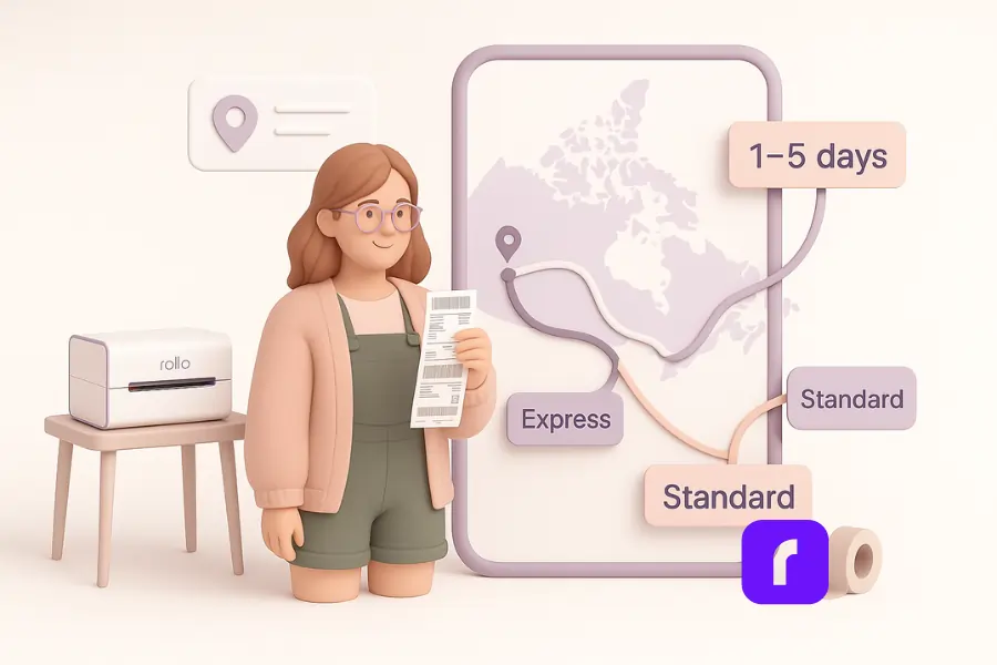 Minimalist 3D illustration of a female small-business seller holding printed shipping labels while reviewing delivery routes on a giant smartphone screen displaying a simplified Canada map. A Rollo Wireless Printer sits on a small table beside her, with pastel route lines labeled “1–5 days,” “Express,” and “Standard,” representing different delivery times for metro, rural, and remote areas.