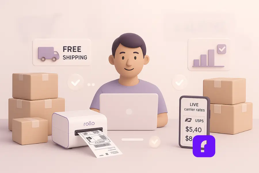A minimalist 3D illustration showing a calm e-commerce seller managing holiday orders with a Rollo Wireless Printer, stacked packages, and a smartphone displaying live carrier rates—symbolizing how smart sellers turn hectic Black Friday promotion ideas into smooth, organized fulfillment.