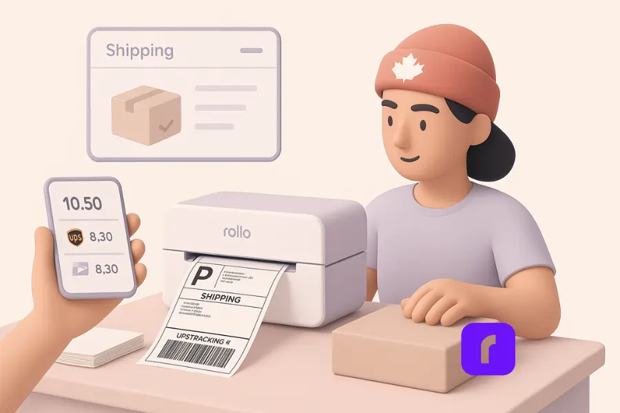 A minimalist 3D illustration of a Canadian small business owner using a Rollo Wireless Printer to print a 4×6 thermal shipping label. A floating shipping dashboard and a phone showing carrier rates appear above the workspace, with soft pastel colors and clean geometric shapes.