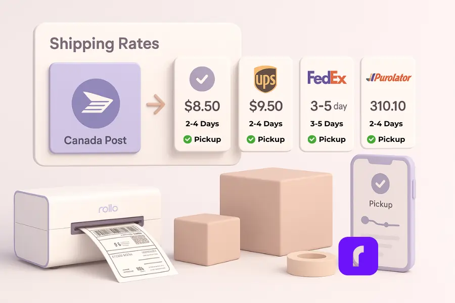 Minimalist pastel 3D illustration comparing Canada shipping and delivery services, showing an aggregator dashboard with Canada Post, UPS, FedEx, and Purolator rates side by side. A Rollo Wireless Printer prints a shipping label next to packages, tape, and a phone displaying pickup options, highlighting how businesses can find the cheapest shipping rates in Canada.