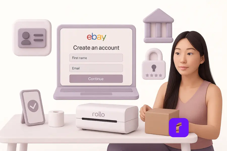 A minimalist 3D illustration of a woman setting up her eBay seller account at a pastel-toned desk. She holds a small brown shipping box beside a white Rollo Wireless Printer, with a lavender laptop displaying the eBay “Create an account” page. Floating icons of an ID card, bank, lock, and phone represent verification, security, and setup steps in a calm, modern workspace representing How to Sell on eBay. 