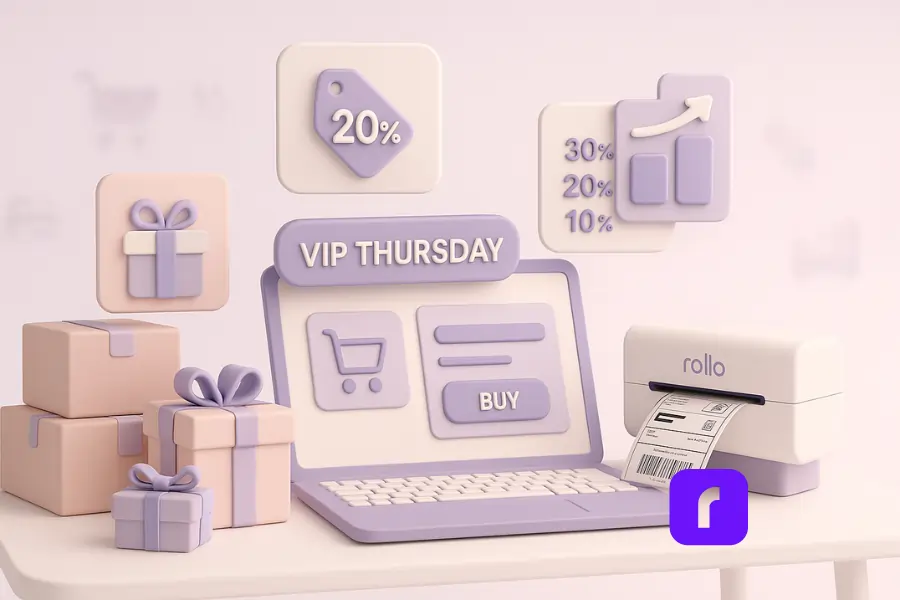 A minimalist 3D illustration depicting a small business workspace preparing for Black Friday, featuring a pastel laptop with a “VIP Thursday” banner, floating discount icons, wrapped gift boxes symbolizing bundles, and a Rollo Wireless Printer printing a shipping label—representing smart, organized Black Friday tactics for small business success.