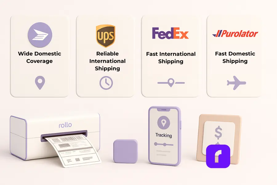 Minimalist pastel 3D illustration comparing Canada Post, UPS, FedEx, and Purolator through floating courier cards labeled with strengths such as wide domestic coverage, reliable international shipping, fast international delivery, and fast domestic shipping. A Rollo Wireless Printer, shipping label, tracking phone, and pricing panel appear below to show how small businesses choose the best shipping option.