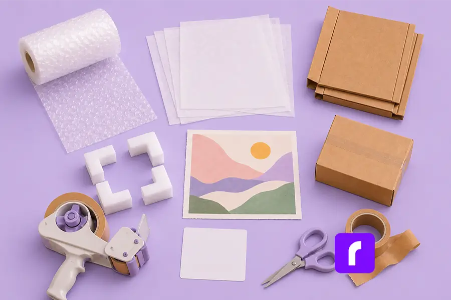 The Best Way to Ship Art With Zero Damage: Carrier Choices & Cost Logic for Artists 1 Overhead view of art packing supplies for shipping original artwork safely.